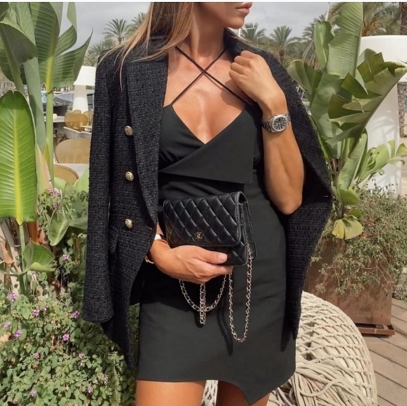 ZARA Tweed Textured Weave Double Breasted  Blazer Black - Picture 7 of 15